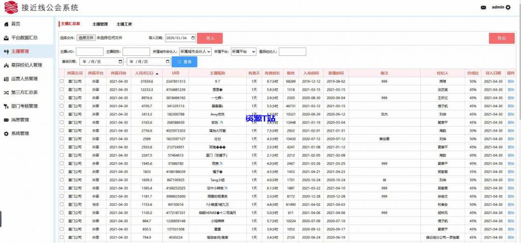 工会系统抖音快手等多平台主播分红分润系统星探经纪人城市合伙人多角色管理系统分红统计系统 - 资源T站-资源T站
